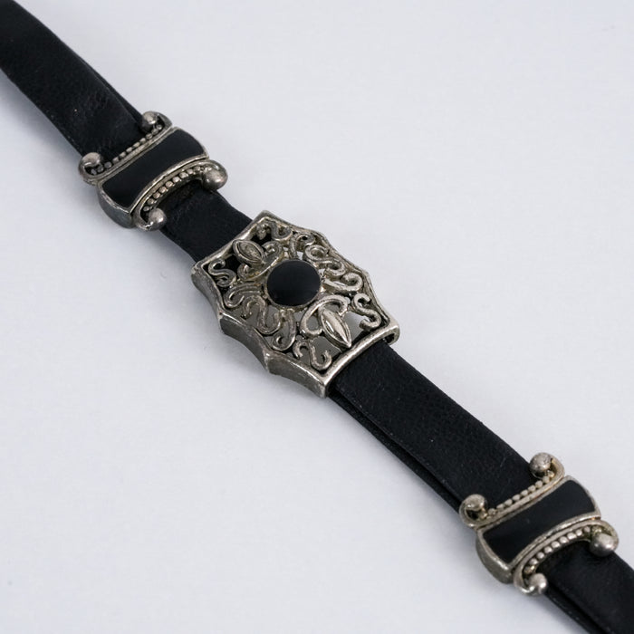 Vintage Black Leather Filigree Panel Silver Tone Bracelet