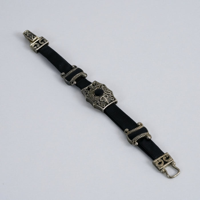 Vintage Black Leather Filigree Panel Silver Tone Bracelet