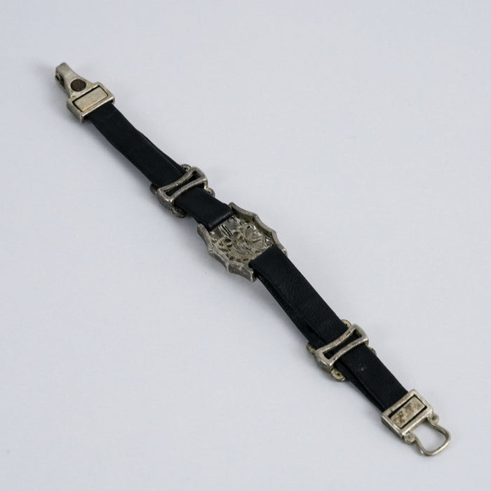 Vintage Black Leather Filigree Panel Silver Tone Bracelet