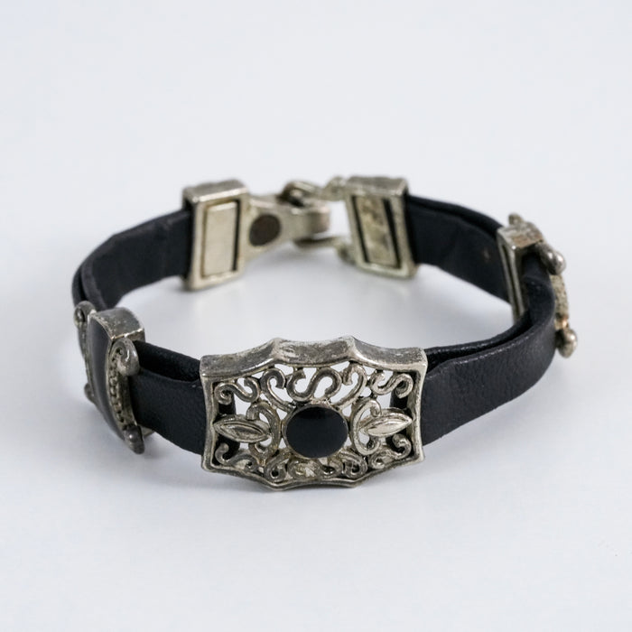 Vintage Black Leather Filigree Panel Silver Tone Bracelet