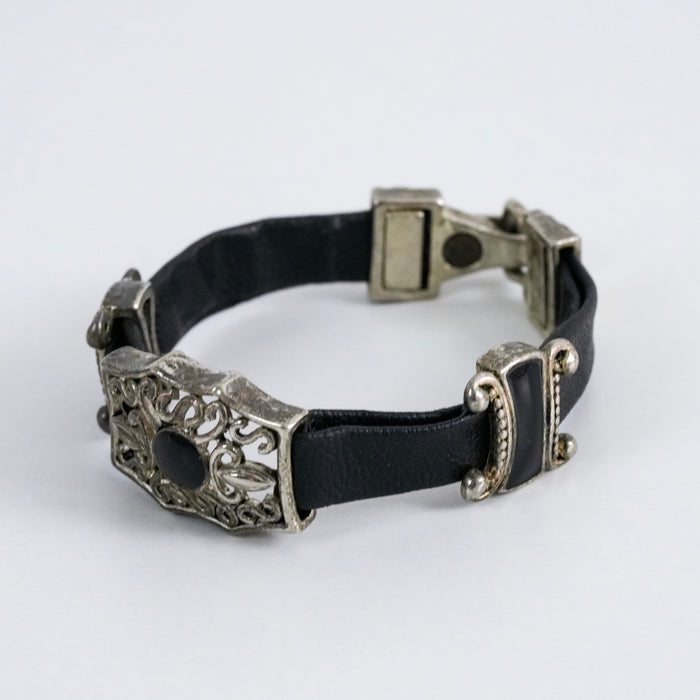 Vintage Black Leather Filigree Panel Silver Tone Bracelet