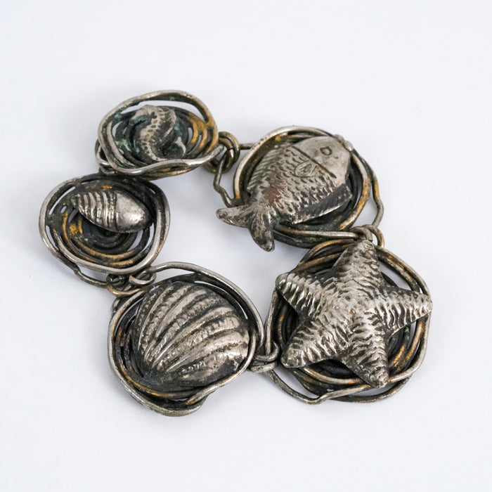 Vintage Sea Life Charm Link Sliver Tone Bracelet