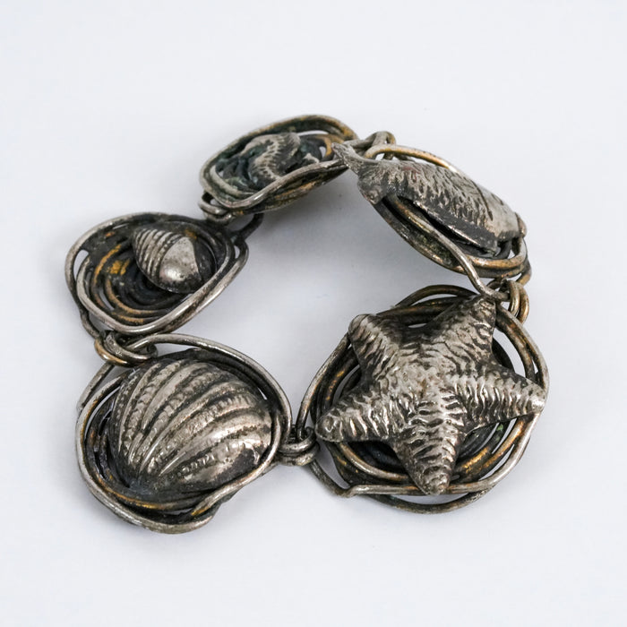 Vintage Sea Life Charm Link Sliver Tone Bracelet