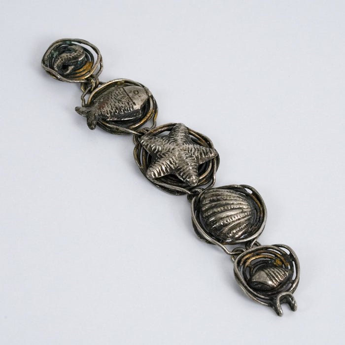 Vintage Sea Life Charm Link Sliver Tone Bracelet