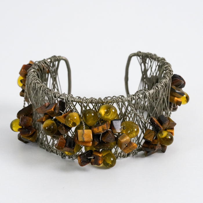 Vintage Wire Cuff Bracelet Amber Beaded Boho Jewelry