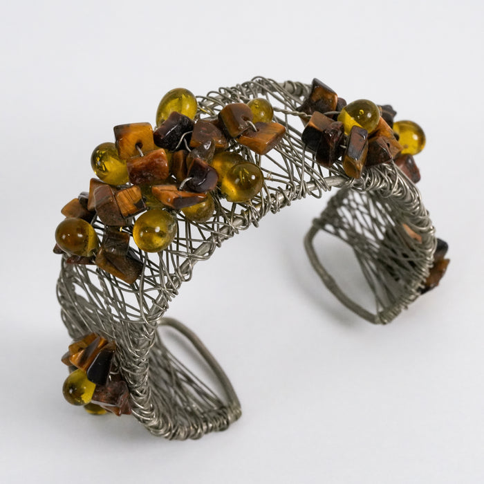 Vintage Wire Cuff Bracelet Amber Beaded Boho Jewelry