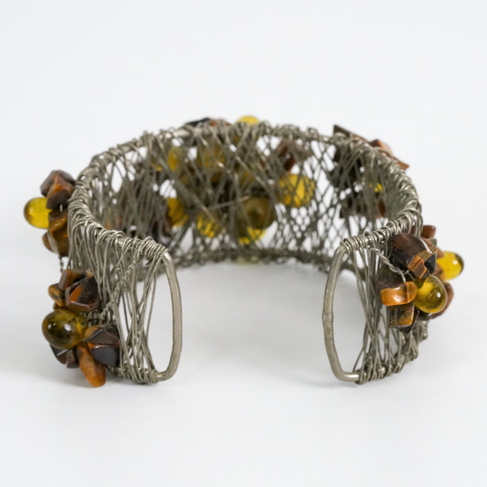 Vintage Wire Cuff Bracelet Amber Beaded Boho Jewelry