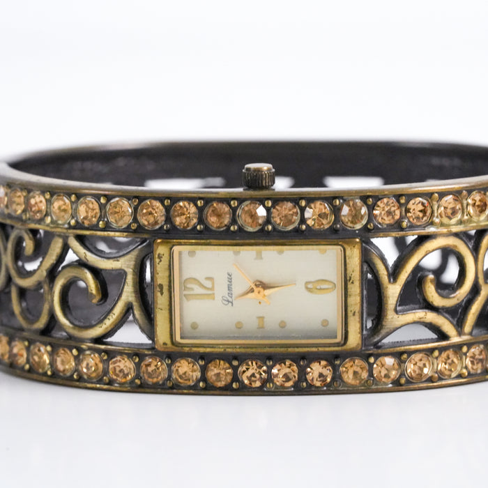 Vintage Lamue J-Axis Bangle Watch, Gold Tone Filigree Cuff Bracelet Watch, Rhinestone Crystal Bracelet