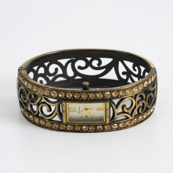 Vintage Lamue J-Axis Bangle Watch, Gold Tone Filigree Cuff Bracelet Watch, Rhinestone Crystal Bracelet