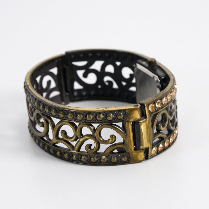 Vintage Lamue J-Axis Bangle Watch, Gold Tone Filigree Cuff Bracelet Watch, Rhinestone Crystal Bracelet