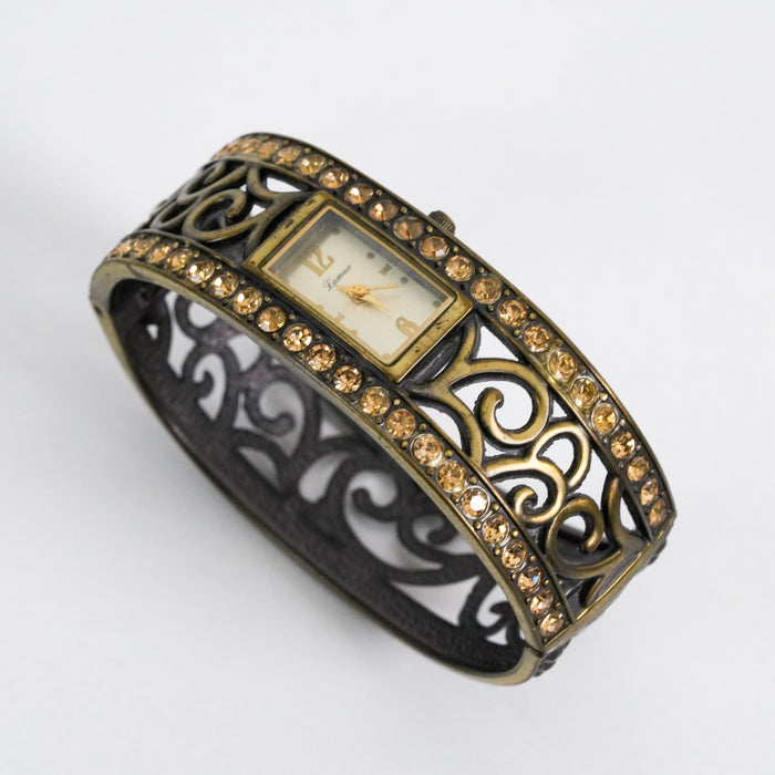 Vintage Lamue J-Axis Bangle Watch, Gold Tone Filigree Cuff Bracelet Watch, Rhinestone Crystal Bracelet