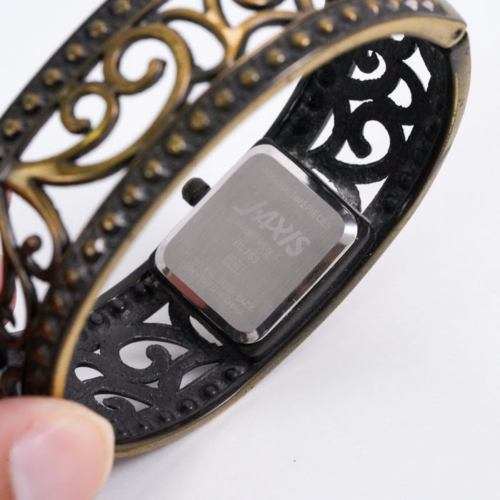 Vintage Lamue J-Axis Bangle Watch, Gold Tone Filigree Cuff Bracelet Watch, Rhinestone Crystal Bracelet