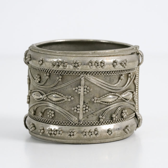 Vintage Silver-Tone Filigree Cuff Bracelet, Wide Statement Bangle, Ornate Floral Embossed Bracelet
