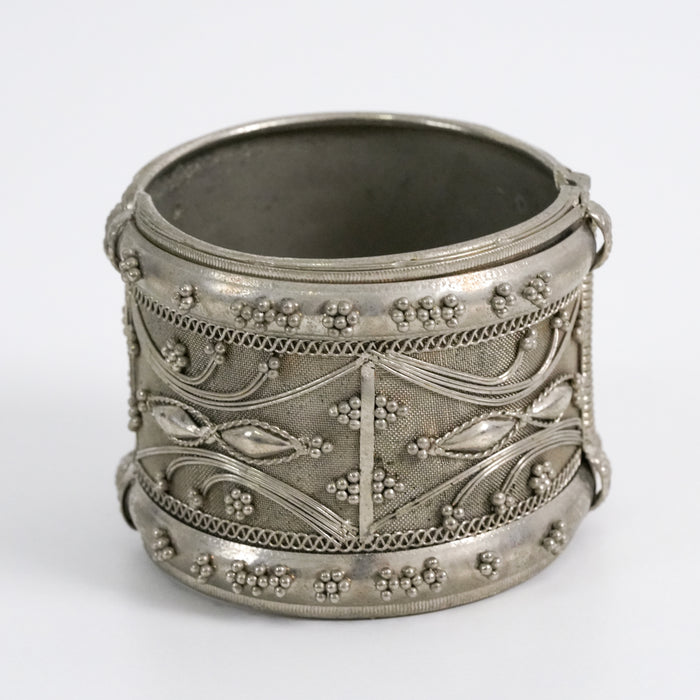 Vintage Silver-Tone Filigree Cuff Bracelet, Wide Statement Bangle, Ornate Floral Embossed Bracelet