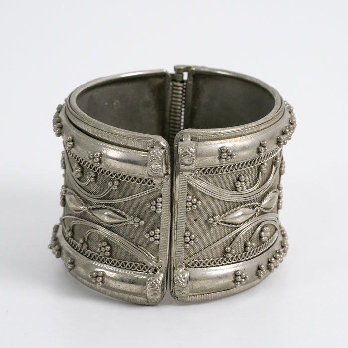Vintage Silver-Tone Filigree Cuff Bracelet, Wide Statement Bangle, Ornate Floral Embossed Bracelet