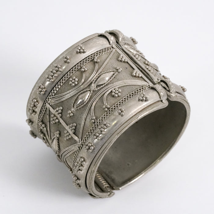 Vintage Silver-Tone Filigree Cuff Bracelet, Wide Statement Bangle, Ornate Floral Embossed Bracelet