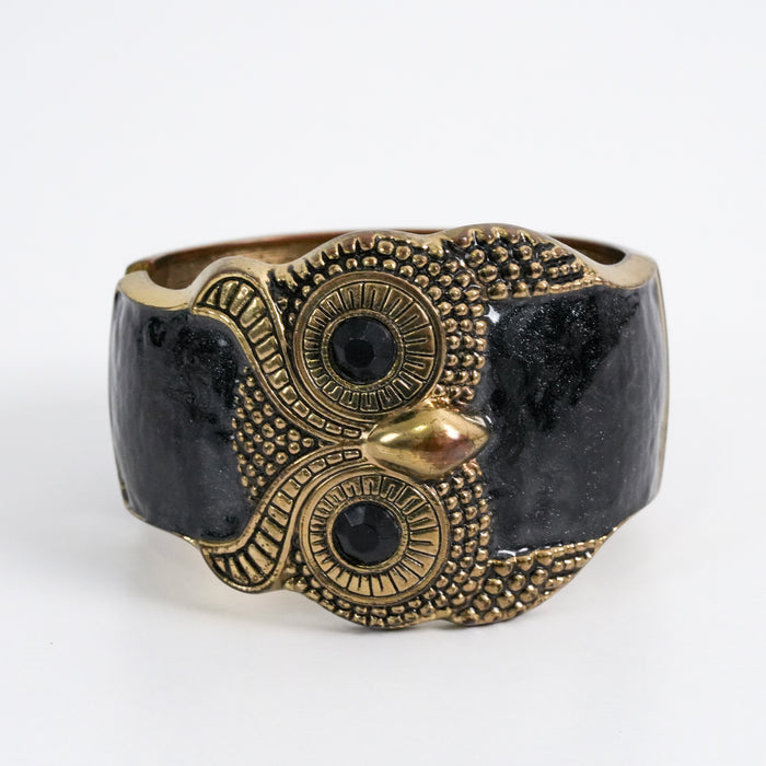 Vintage Black & Gold Owl Cuff Bracelet, Statement Bracelet, Enamel & Rhinestone Jewelry