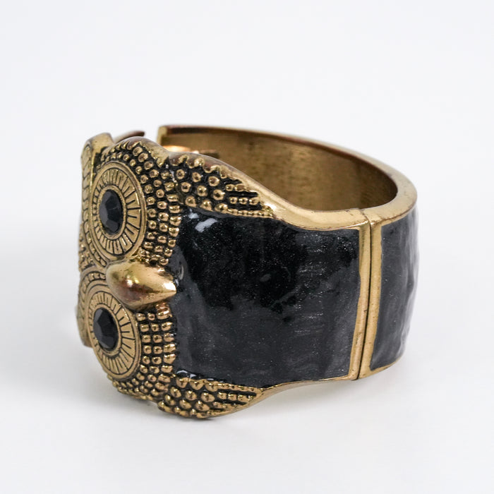 Vintage Black & Gold Owl Cuff Bracelet, Statement Bracelet, Enamel & Rhinestone Jewelry