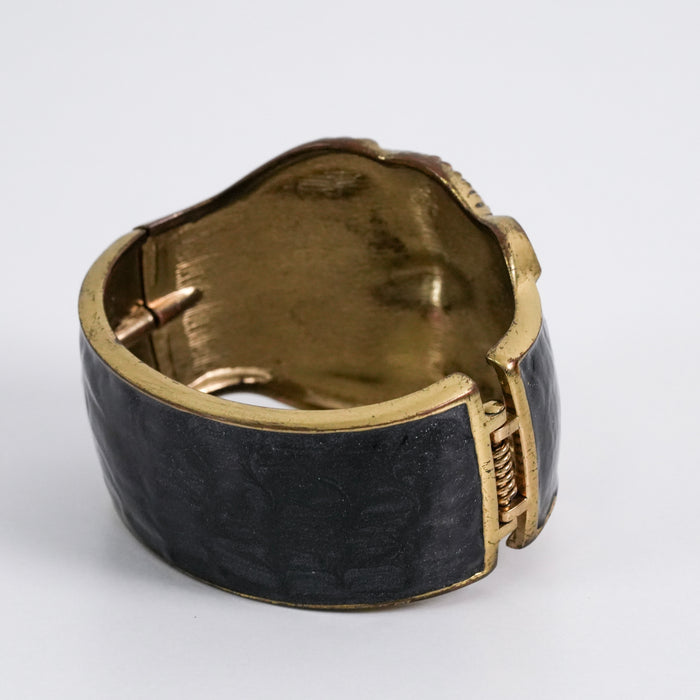 Vintage Black & Gold Owl Cuff Bracelet, Statement Bracelet, Enamel & Rhinestone Jewelry