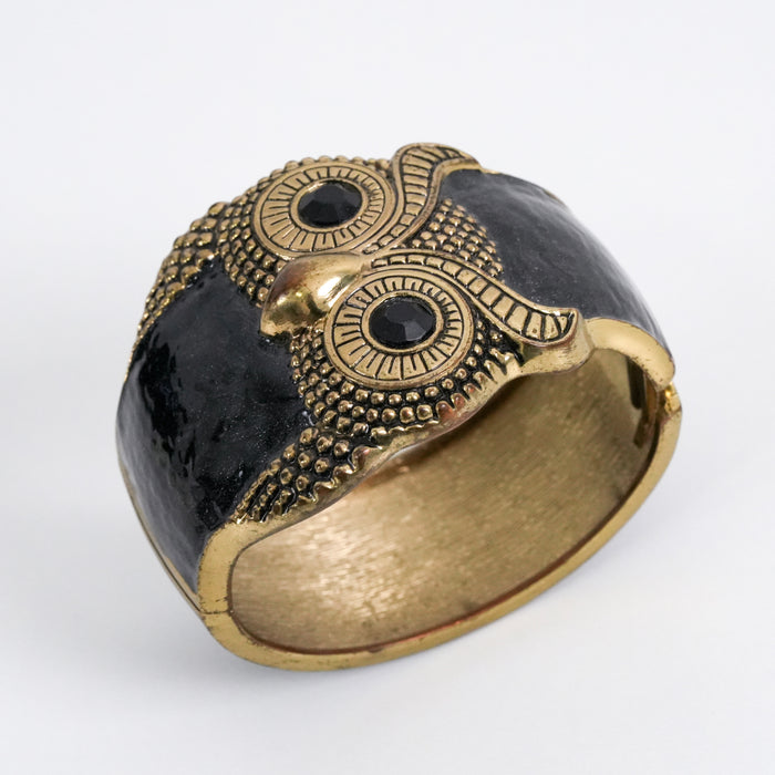 Vintage Black & Gold Owl Cuff Bracelet, Statement Bracelet, Enamel & Rhinestone Jewelry