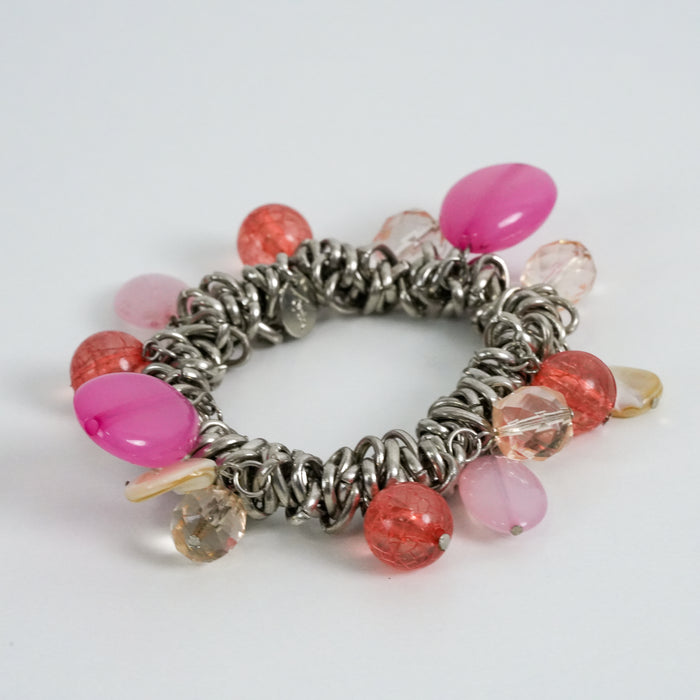 Vintage Lovisa Charm Bracelet, Chunky Silver-Tone Chain, Beaded Statement Bracelet
