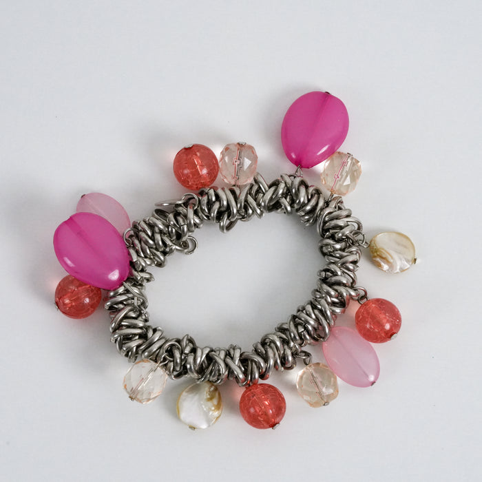 Vintage Lovisa Charm Bracelet, Chunky Silver-Tone Chain, Beaded Statement Bracelet