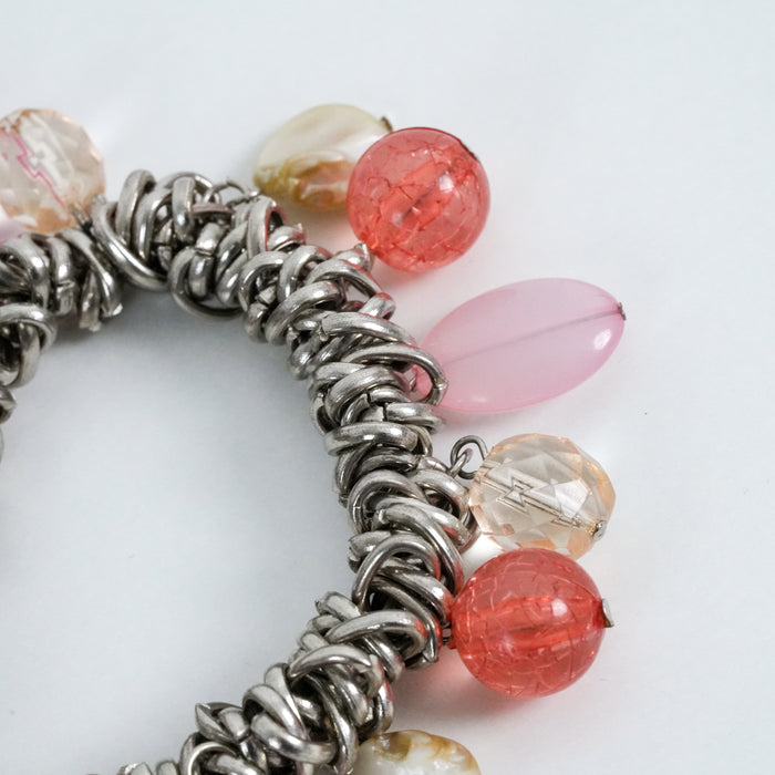 Vintage Lovisa Charm Bracelet, Chunky Silver-Tone Chain, Beaded Statement Bracelet