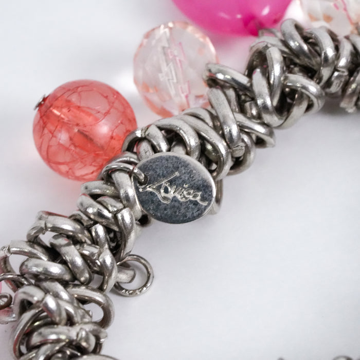 Vintage Lovisa Charm Bracelet, Chunky Silver-Tone Chain, Beaded Statement Bracelet