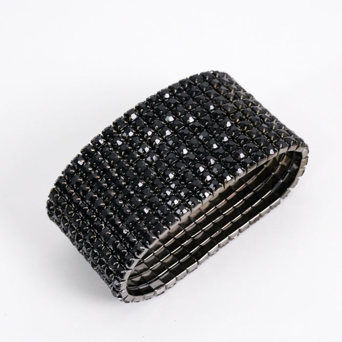 Vintage Black Rhinestone Wide Stretch Bracelet, Statement Crystal Bracelet