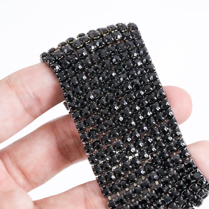 Vintage Black Rhinestone Wide Stretch Bracelet, Statement Crystal Bracelet