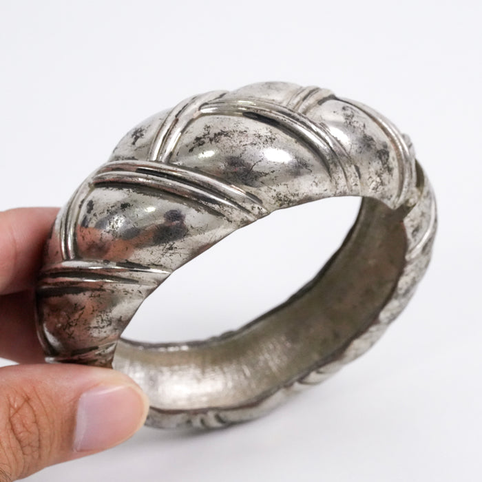 Vintage Silver-Tone Chunky Cuff Bracelet, Braided Textured Statement Bangle