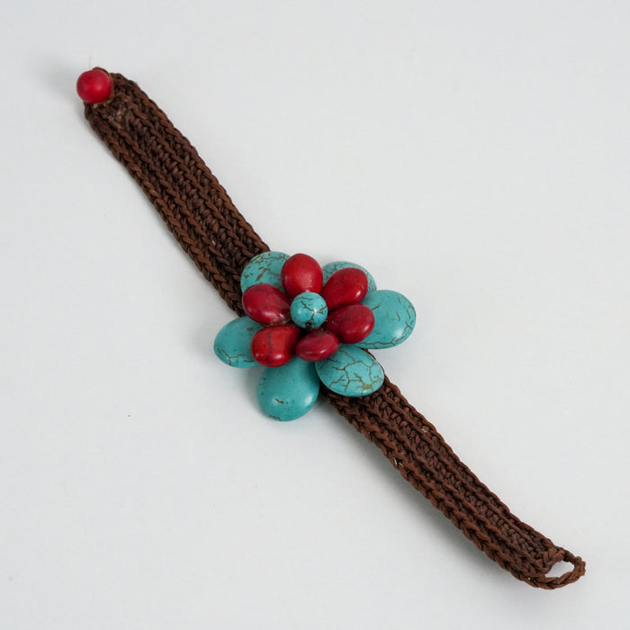 Vintage Turquoise & Red Stone Flower Bracelet, Handmade Woven Bracelet