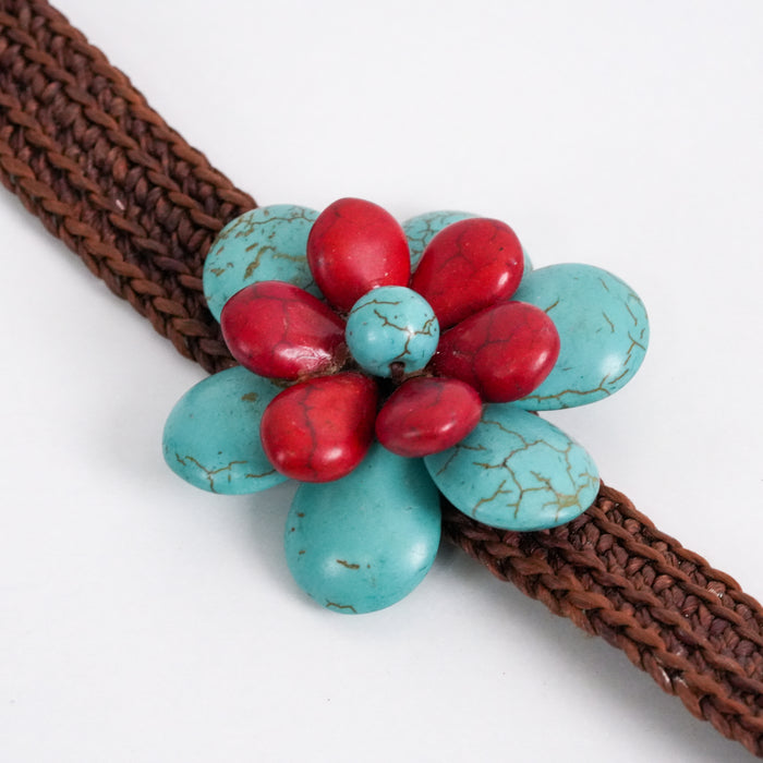 Vintage Turquoise & Red Stone Flower Bracelet, Handmade Woven Bracelet
