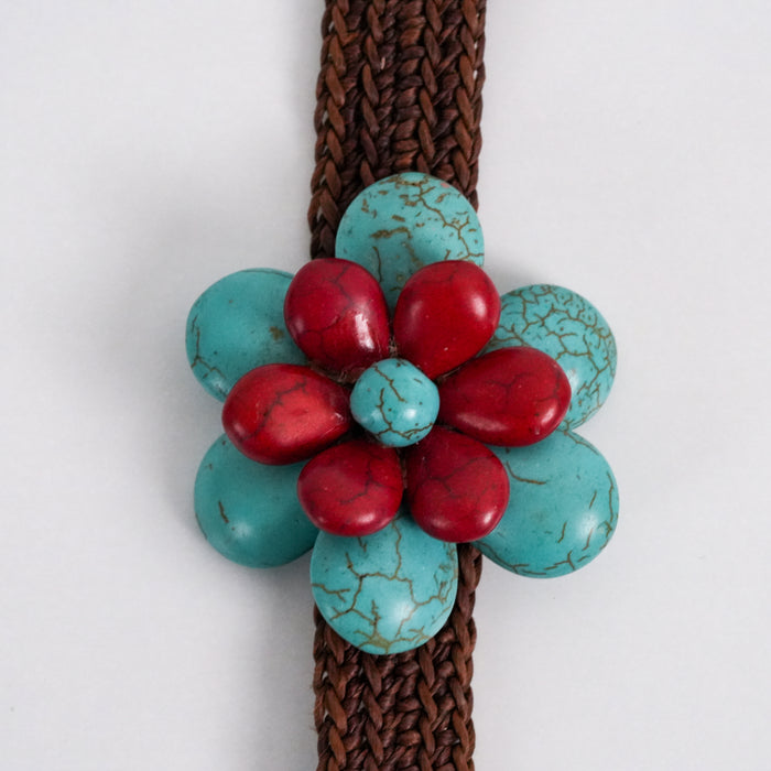 Vintage Turquoise & Red Stone Flower Bracelet, Handmade Woven Bracelet