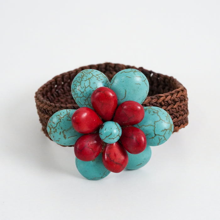 Vintage Turquoise & Red Stone Flower Bracelet, Handmade Woven Bracelet