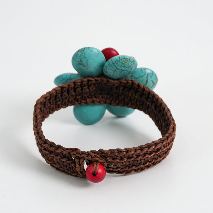 Vintage Turquoise & Red Stone Flower Bracelet, Handmade Woven Bracelet