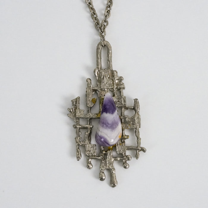 Vintage Purple Stone Statement Necklace, Abstract Art Pendant