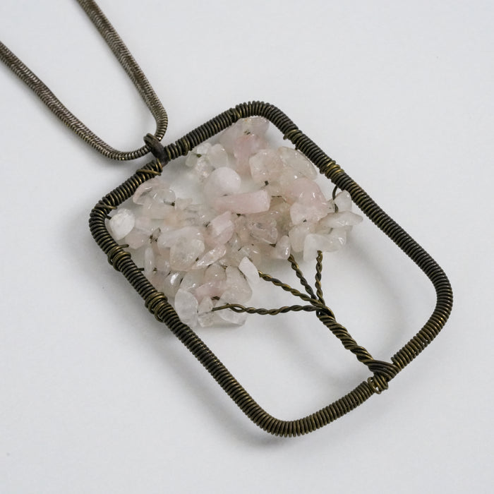 Vintage Lovisa Quartz Tree of Life Necklace, Natural Stone Pendant, Wire Wrapped Statement Necklace