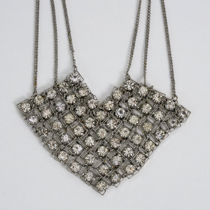Vintage Rhinestone Bib Necklace, Silver Tone Crystal Statement Necklace