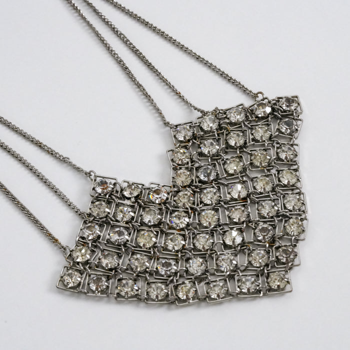 Vintage Rhinestone Bib Necklace, Silver Tone Crystal Statement Necklace