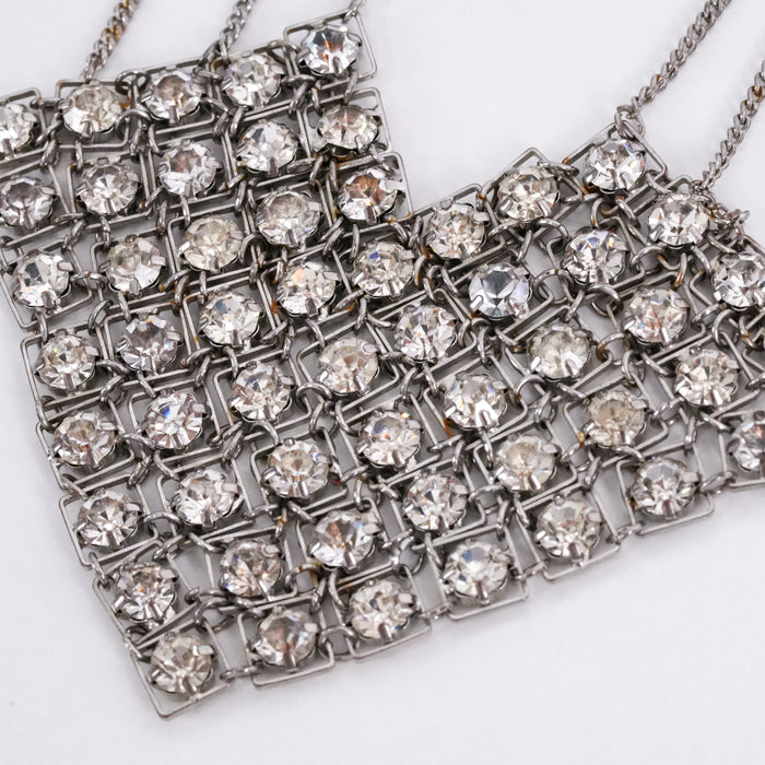 Vintage Rhinestone Bib Necklace, Silver Tone Crystal Statement Necklace