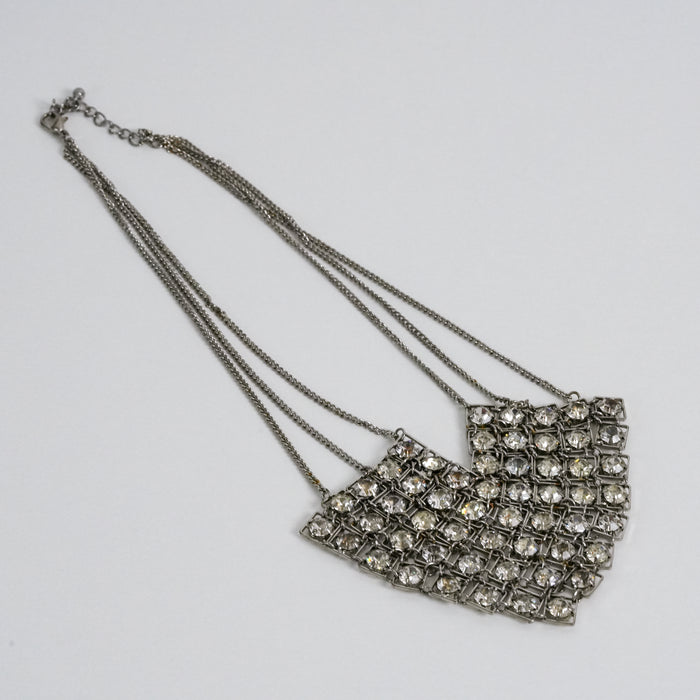 Vintage Rhinestone Bib Necklace, Silver Tone Crystal Statement Necklace