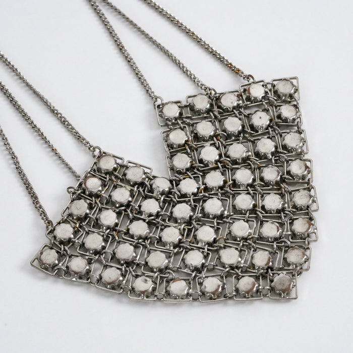 Vintage Rhinestone Bib Necklace, Silver Tone Crystal Statement Necklace