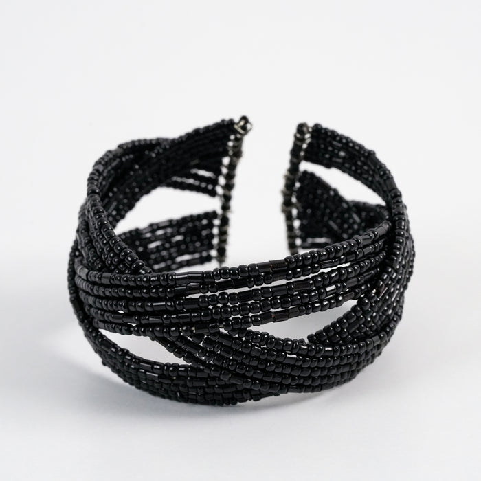 Vintage Black Beaded Multi-Strand Cuff Bracelet