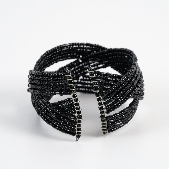 Vintage Black Beaded Multi-Strand Cuff Bracelet