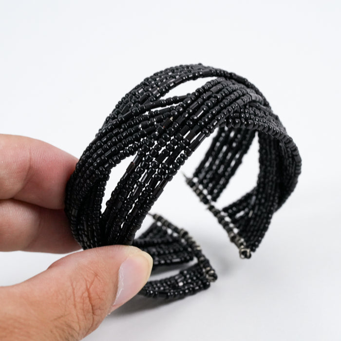 Vintage Black Beaded Multi-Strand Cuff Bracelet