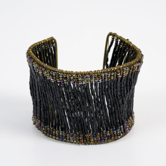 Vintage Black Beaded Wide Cuff Bracelet