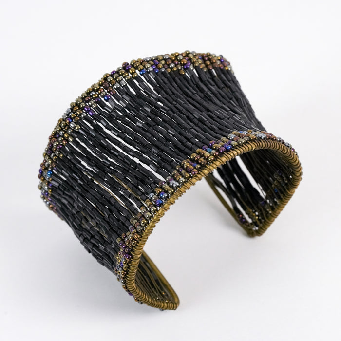 Vintage Black Beaded Wide Cuff Bracelet