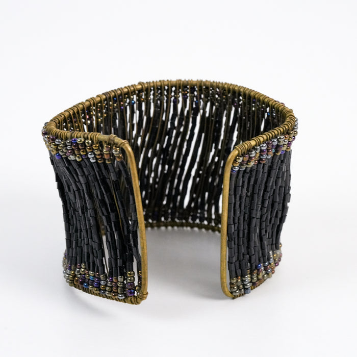 Vintage Black Beaded Wide Cuff Bracelet