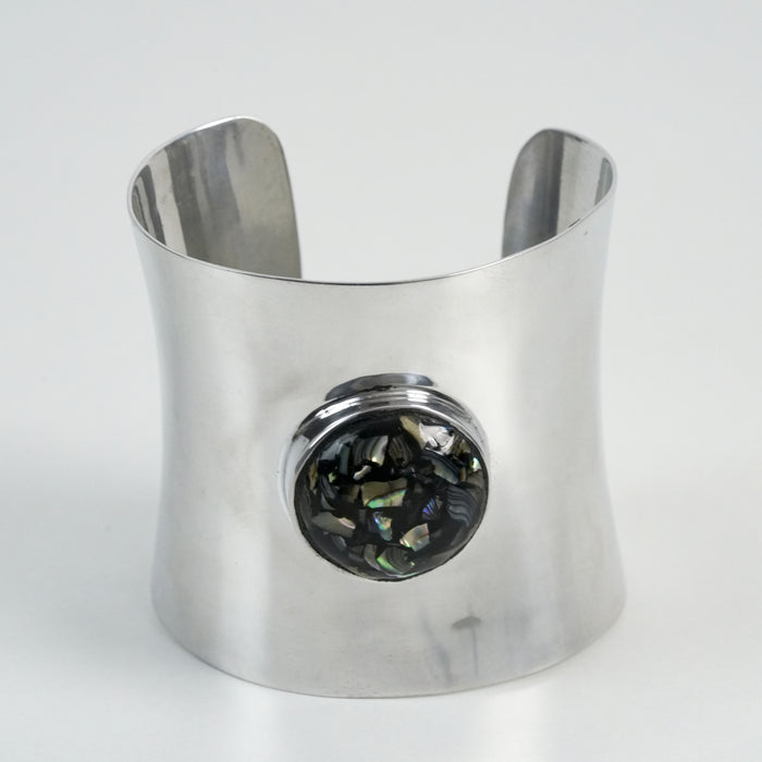 Vintage Silver-Tone Abalone Inlay Statement Cuff Bracelet